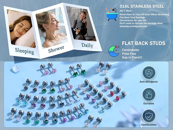 Hypoallergenic Surgical Steel Earrings - Flat Back Stud Earrings for Women