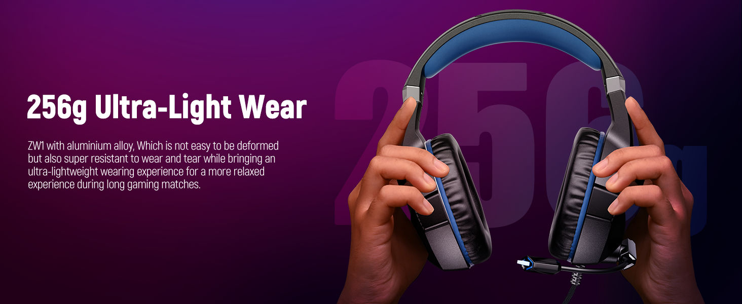 Ultra-light headphones with blue and black colors. Text '256g Ultra-Light Wear' visible. Hands holding the headphones against a purple background.