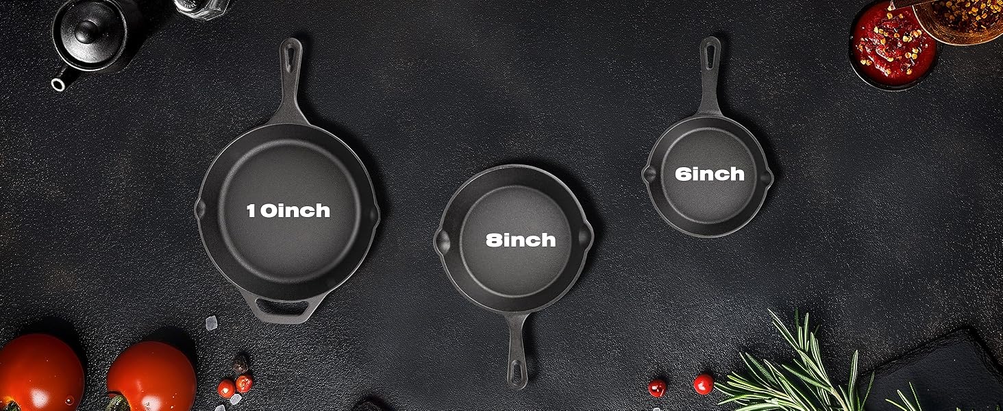 3 Pieces Cast Iron Skillet