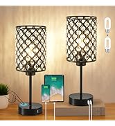 Touch Control Table Lamp, Black Crystal Table Lamps Set of 2 with 2 USB Charging Ports, 3-Way Dim...
