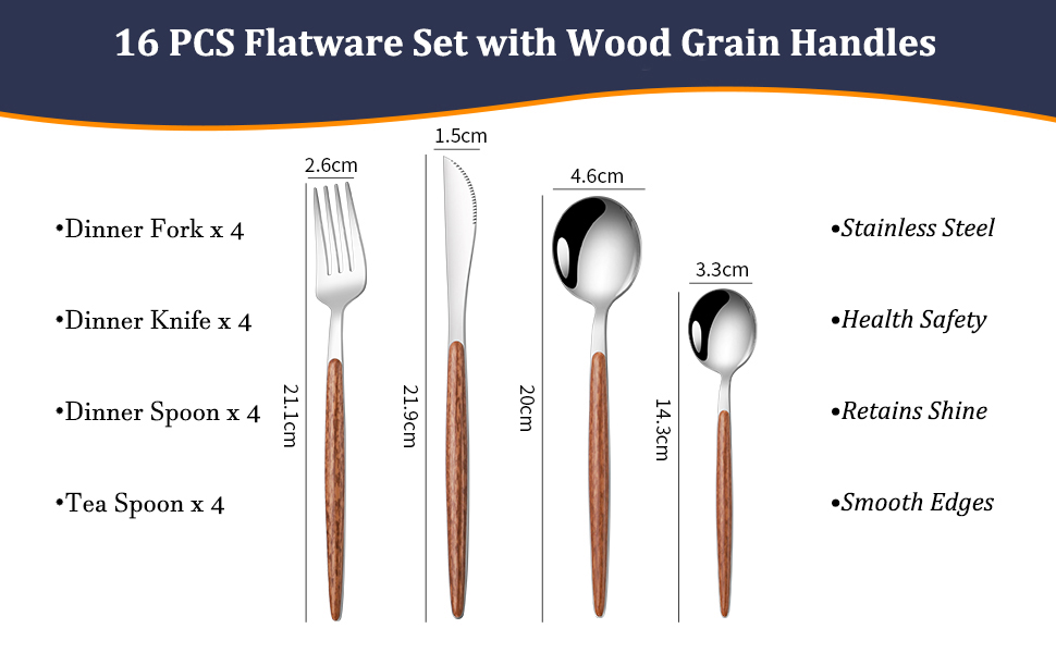 16 PCS Flatware Set with Wood Grain Handles