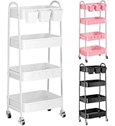 4 Tier Heavy Duty White Metal Rolling Cart with Lockable Wheels,Utility Storage Organizer Carts, ...
