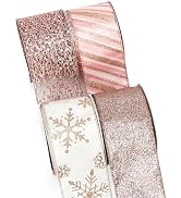 Ribbli Rose Gold Wired Ribbon for Christmas Tree,Glitter Mesh Snowflake Stripe Christmas Ribbon f...