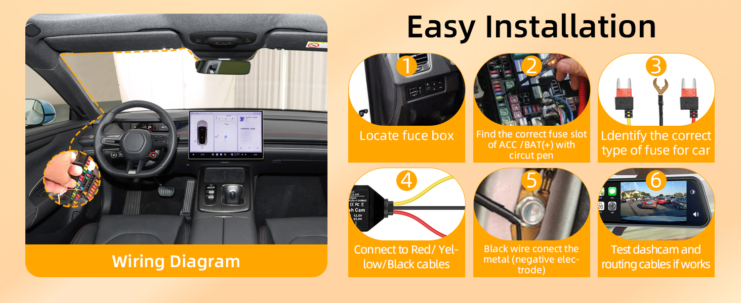 Text reads 'Easy Installation'. Step-by-step installation guide showing car phone mount setup process with orange numbered indicators and instruction graphics.
