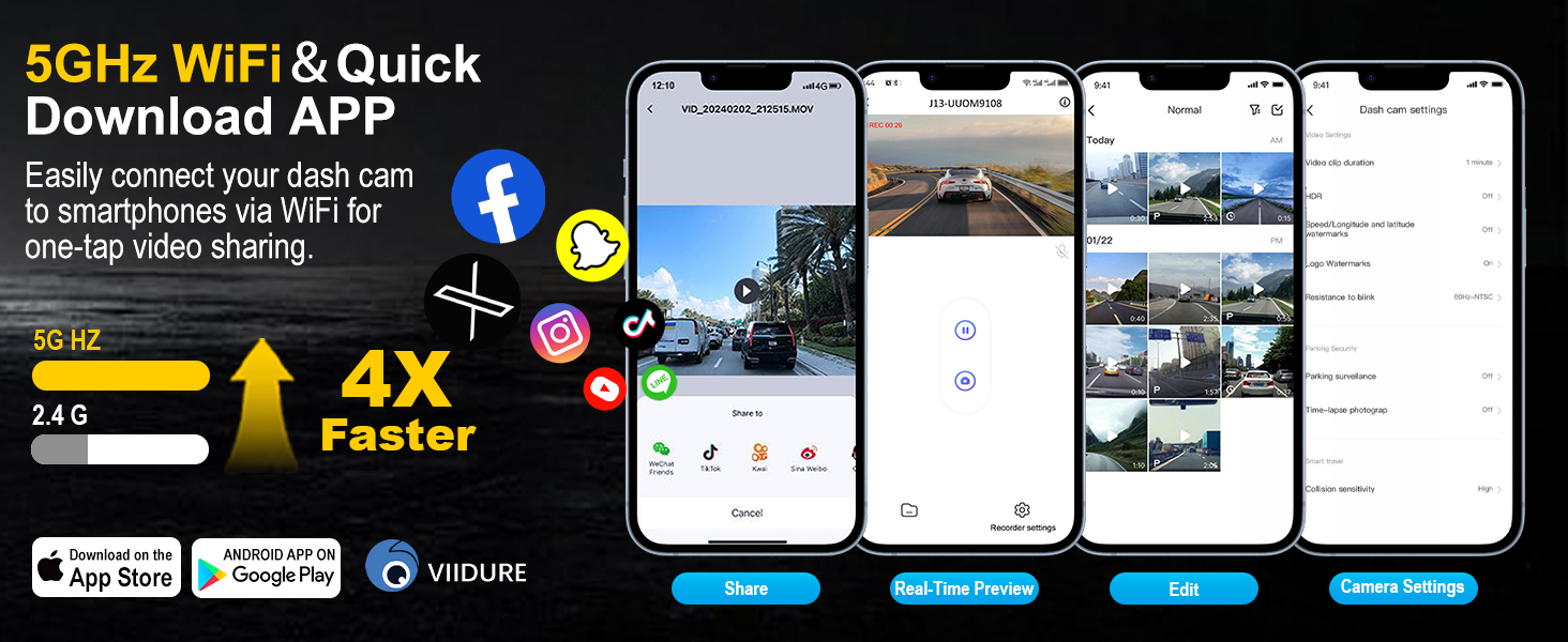 dash cam with APP, dash cam front and rear