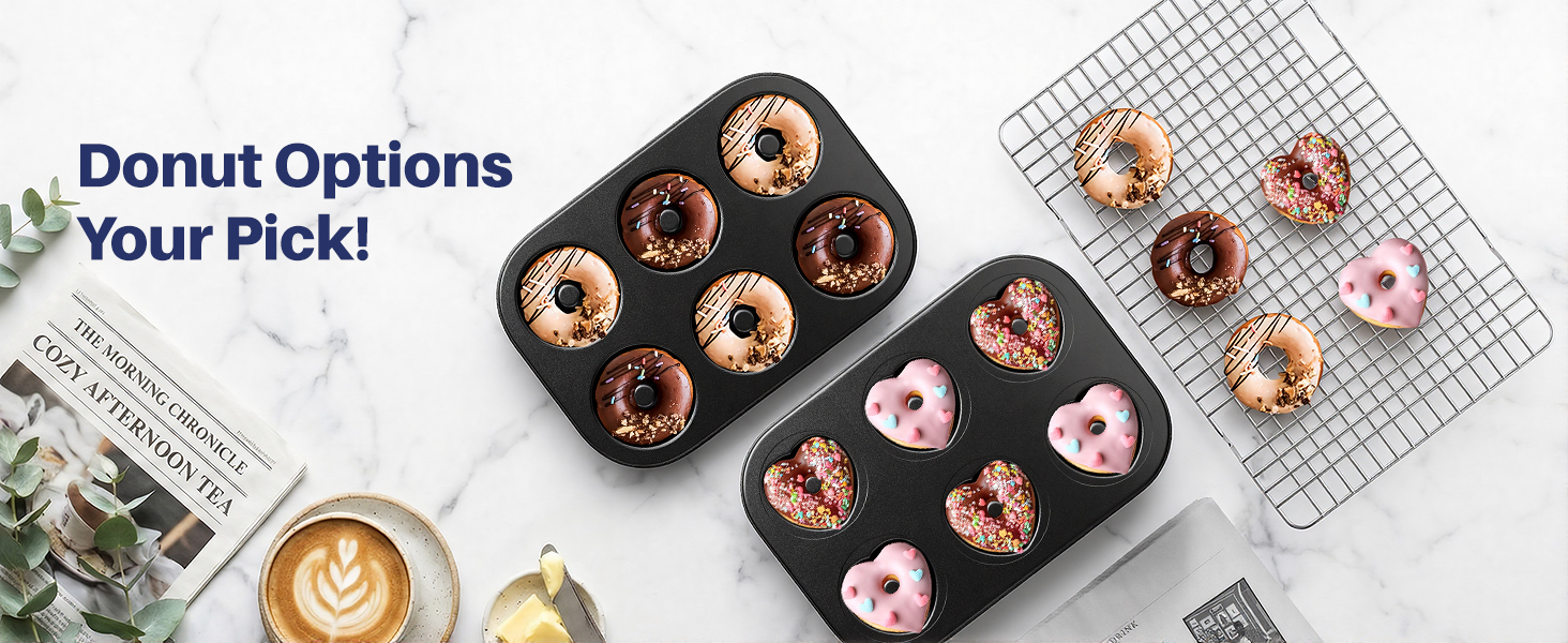 Nonstick Baking Set: Carbon Steel Pans (Heart/Donut), Oven Mitts, Utensils &amp;amp; Rack, Stackable Design