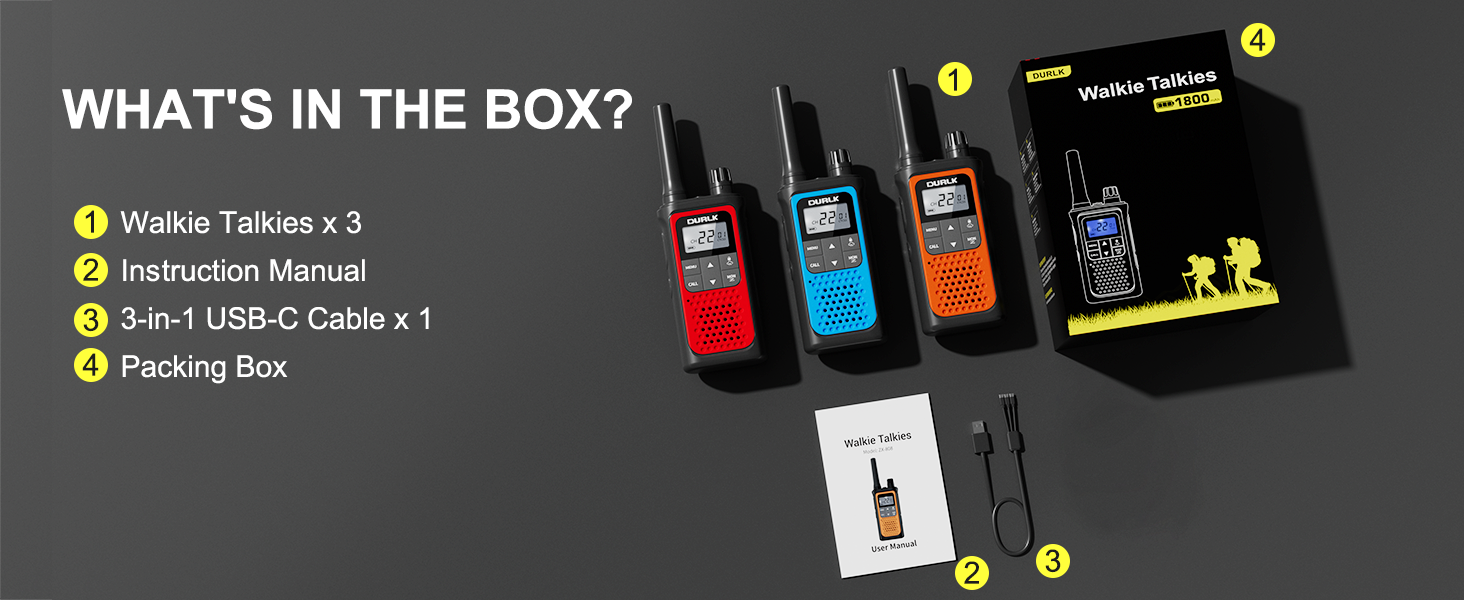 The package includes 3 rechargeable walkie talkies charging cables instructions and box