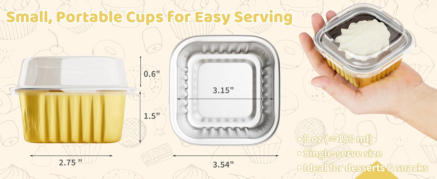 5oz Mini Cake Pans with Lids Baking Cups Aluminum Foil Pans Tins Individual Dessert Cups Containers