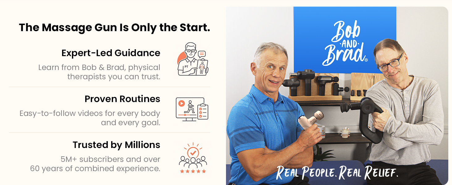 Bob and Brad hold massage devices beside information about expert guidance and exercise routines.