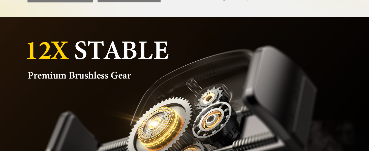 Close-up of mechanical gears showing gold and silver-colored mechanisms with text '12X STABLE Premium Brushless Gear' overlaid on dark background.