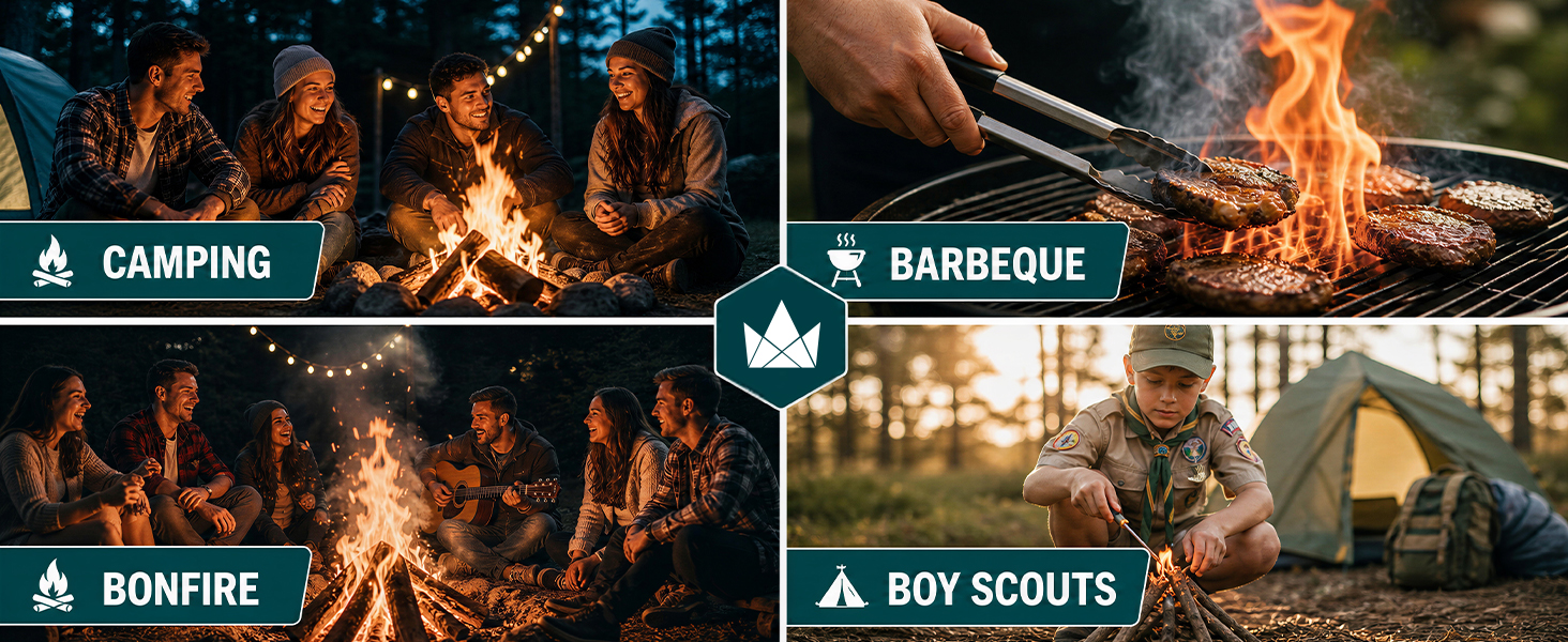 Six ways to use it: camping, hiking, bushcraft, backyard BBQs, signal fires and emergency kits