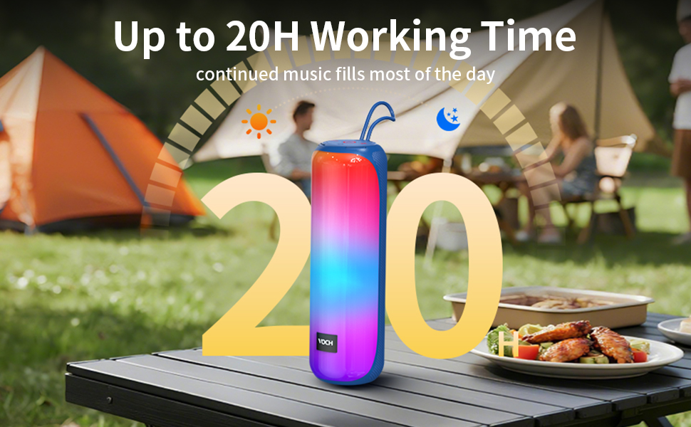 Text reads: 'Up to 20H Working Time' and 'continued music fills most of the day'. LED speaker with color-changing lights displaying '20' on outdoor table with camping scene in background.