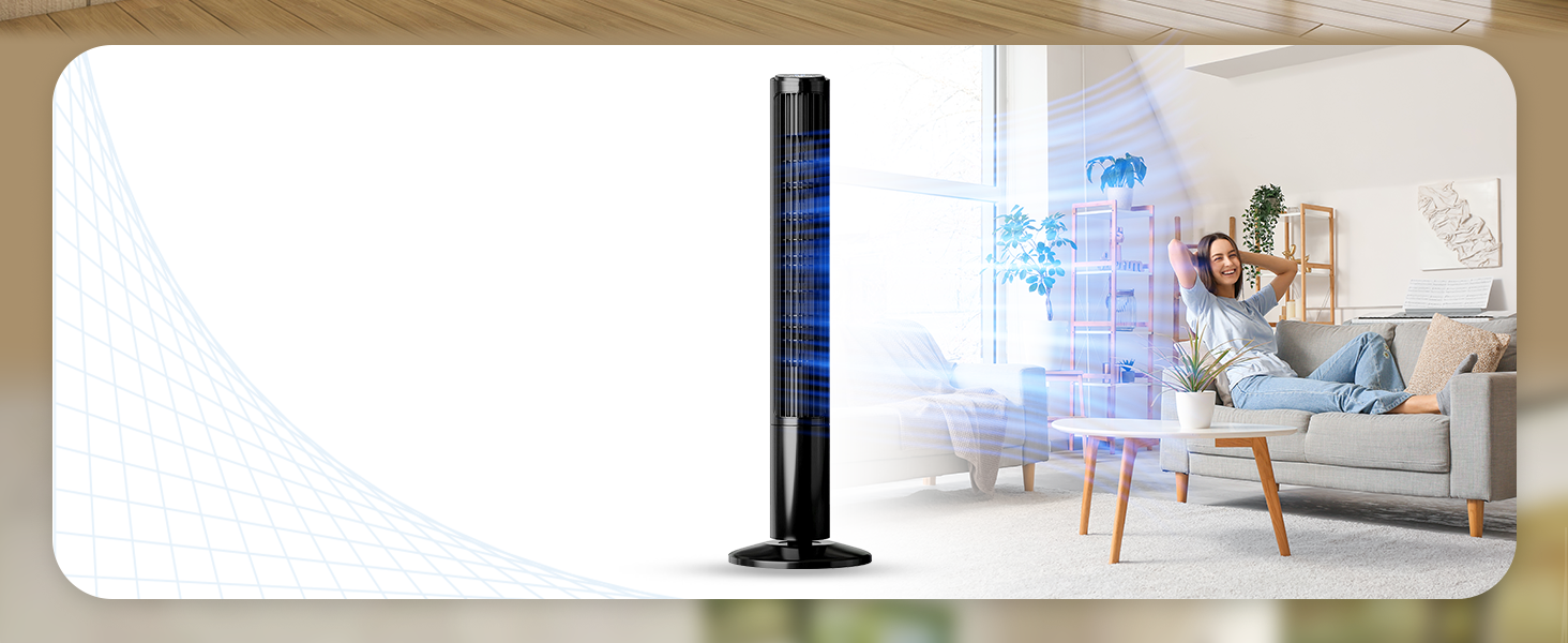 Woman sitting on the couch injoying the fan breeze