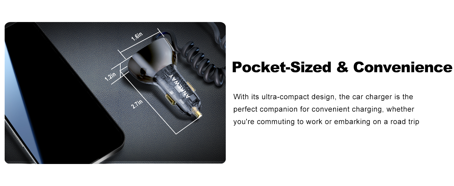 With its ultra-compact design, the car charger is the perfect companion for convenient charging