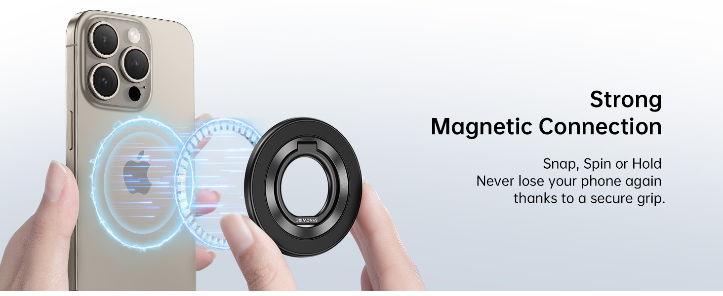 Magnetic phone mount system showing strong connection feature for iPhone, with circular mounting mechanism and blue magnetic field illustration.