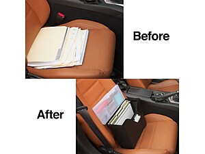 before and after pictures of car seat which was organized using plastic file box