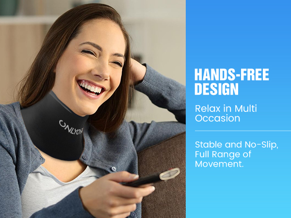 Black neck support collar designed for hands-free wear, featuring stable no-slip construction and full range of movement capability.