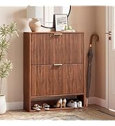 Evermagin 31.5''W Walnut Shoe Cabinet Storage for Entryway, Fluted Slim Shoe Dresser with 2 Flip ...