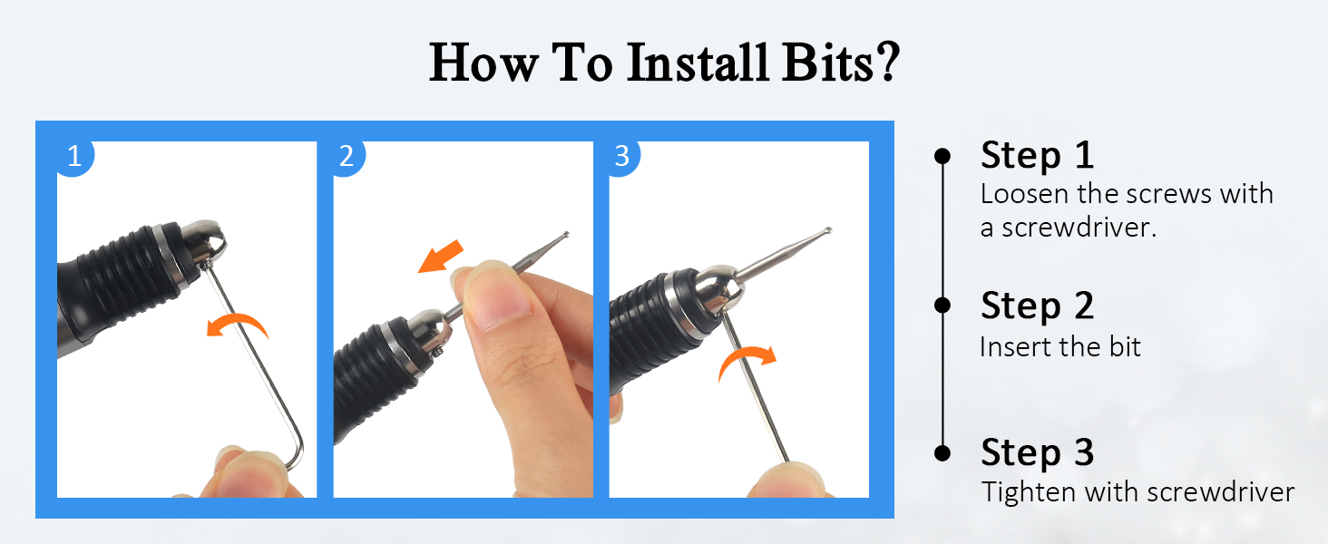 Instructional diagram showing three steps to install screwdriver bits: loosening screws, inserting the bit, and tightening with a screwdriver. Includes numbered images and text instructions.