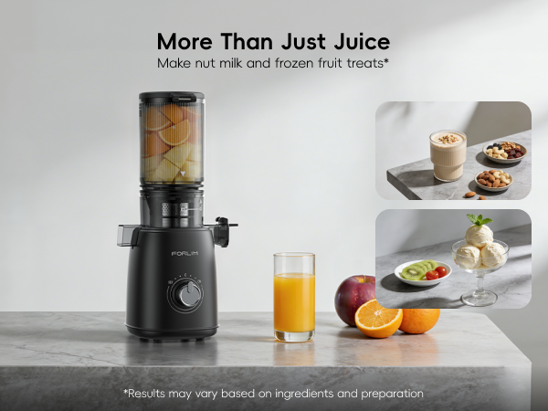 FORLIM cold press juicer beside fruit juice, nut milk, and frozen fruit treats