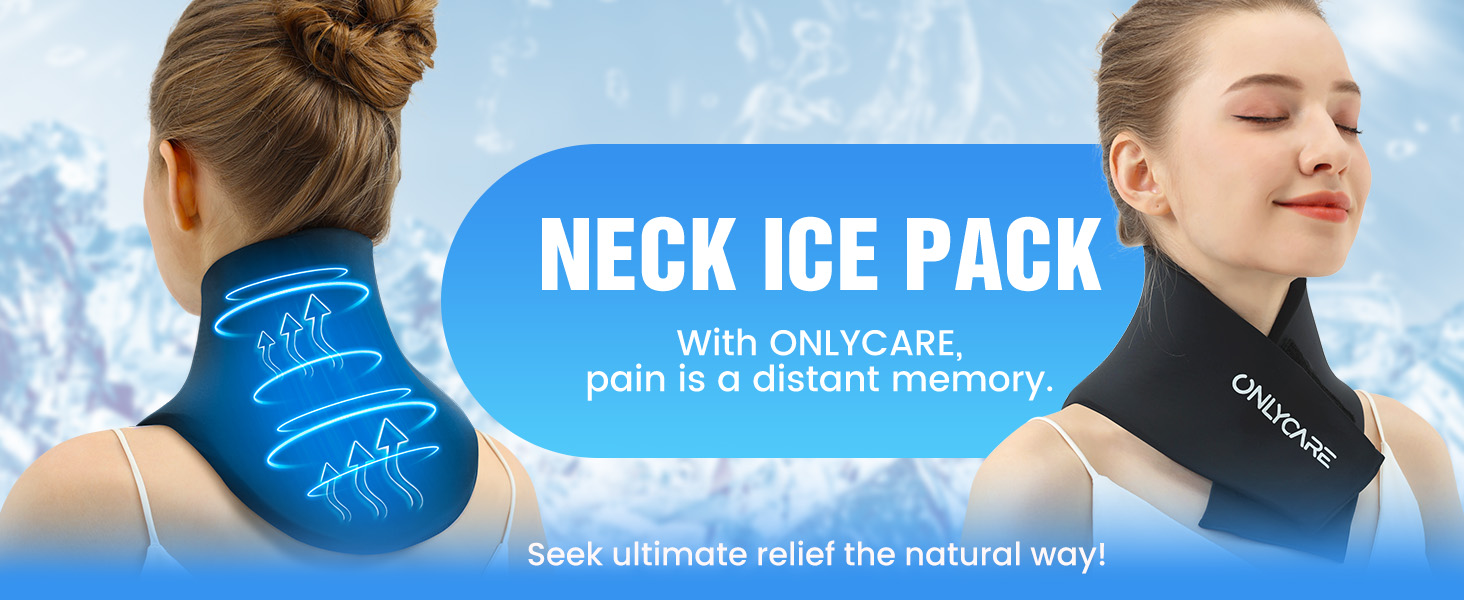 Neck ice packs in blue and black colors. Product name 'NECK ICE PACK' visible. Shown worn around neck for pain relief.