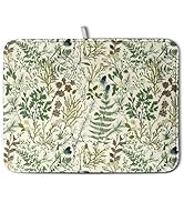 Sage Green Botanical Floral Dish Drying Mat for Kitchen Counter Vintage Herbs Fern Leaves Plant D...