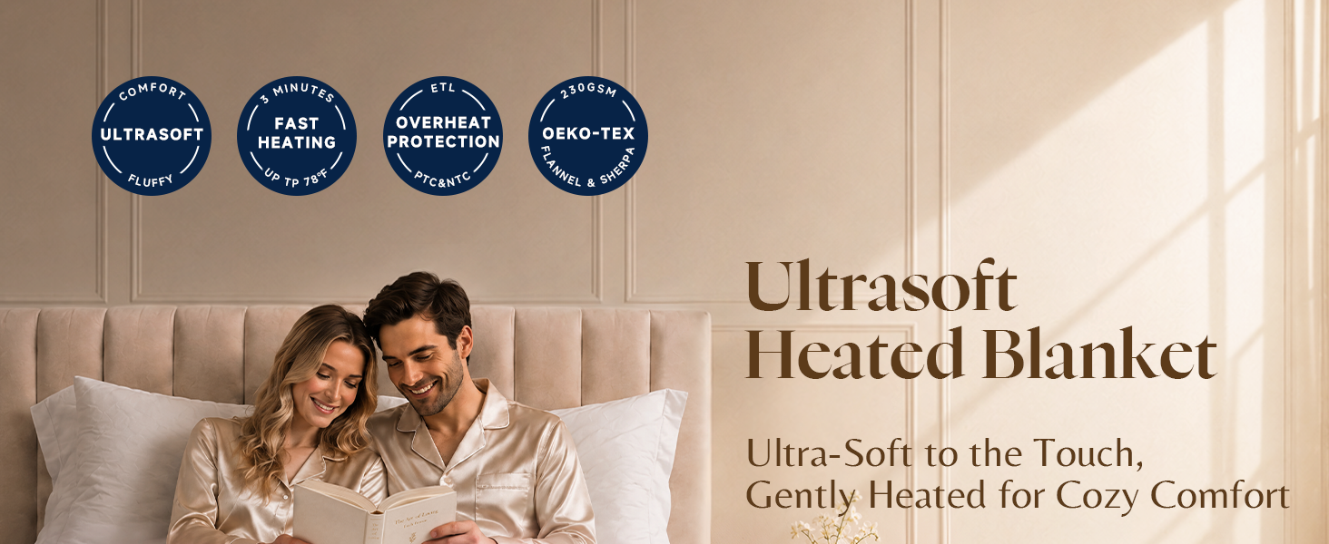 Ultrasoft heated blanket, flannel sherpa, fast even heat, 7-color light, ETL overheat protection