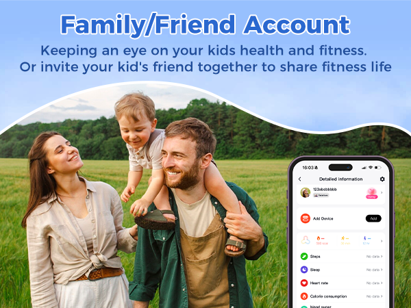 Family/Friend Account feature advertisement showing outdoor scene with text about monitoring children's health and fitness. Includes smartphone interface mockup displaying user profiles and activity tracking options.
