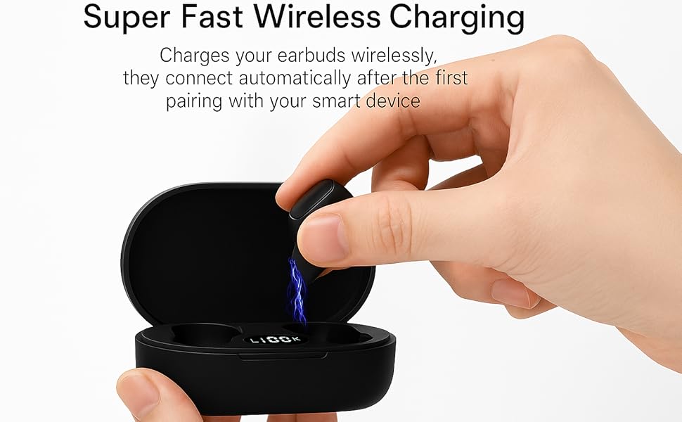 Bluetooth earbuds charging fast in case with LED display for power and pairing