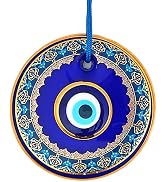 Erbulus 4.3" Glass Blue Evil Eye Wall Hanging Gold and Turquoise Floral Design Ornament – Turkish...