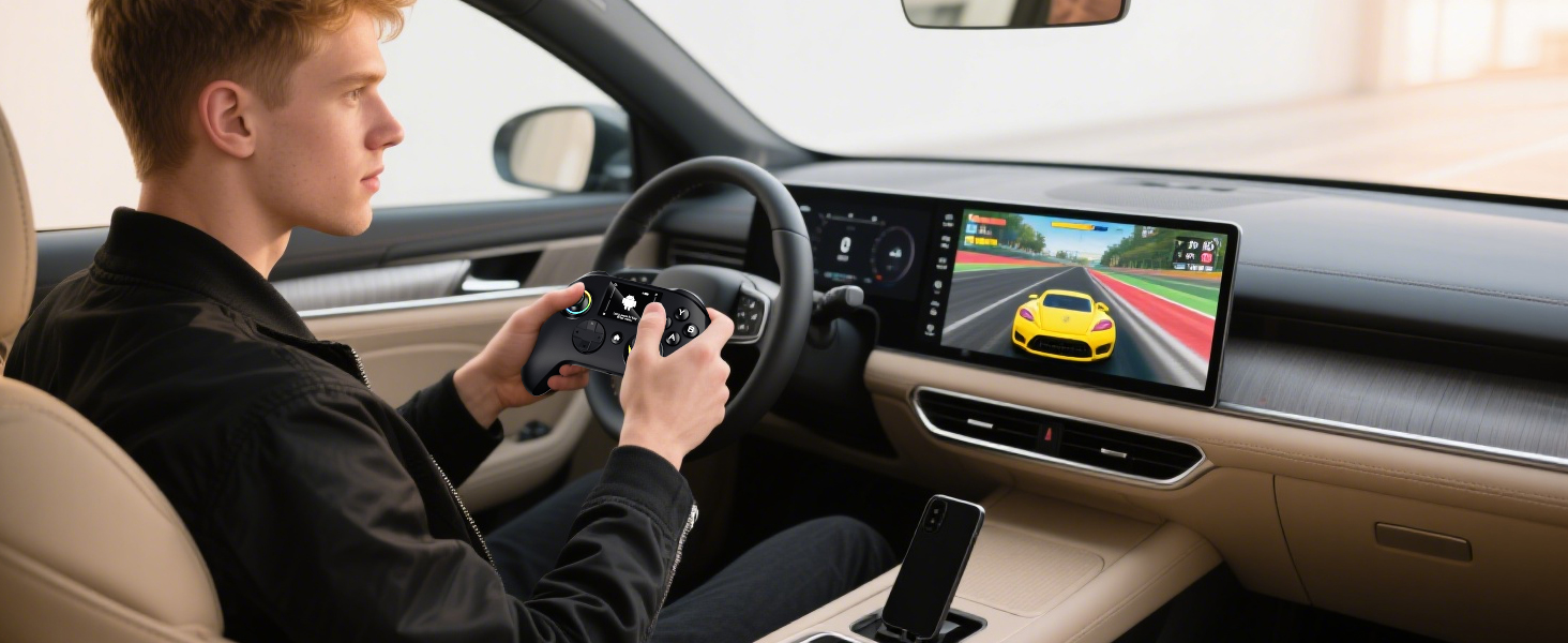 A person in the car uses our wireless controller to enjoy the car screen game