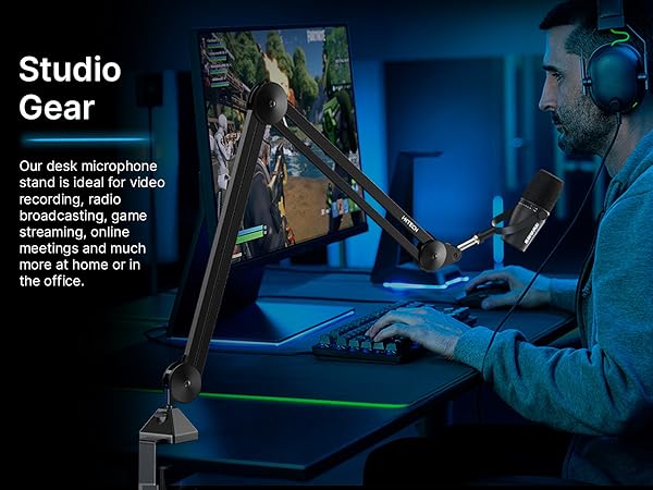 gaming mic podcast microphone stand arm boom studio pc computer streaming desk low profile cable cam