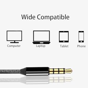 Audio cable with 3.5mm jack, braided cord, and metal plug. Icons show compatibility with computer, laptop, tablet, and phone devices.