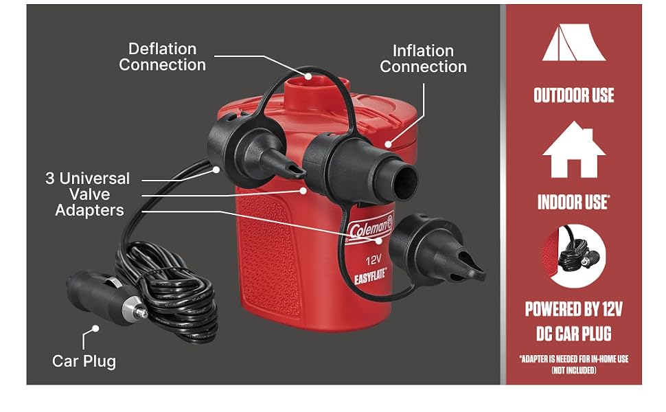 Electric pump with adapters, inflation ports, car plug, indoor/outdoor use