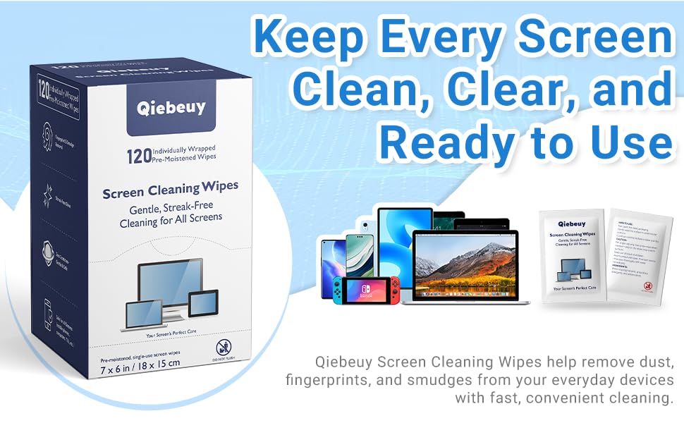 Keep every screen clean, clear, and ready to use with Qiebeuy Screen Cleaning Wipes.