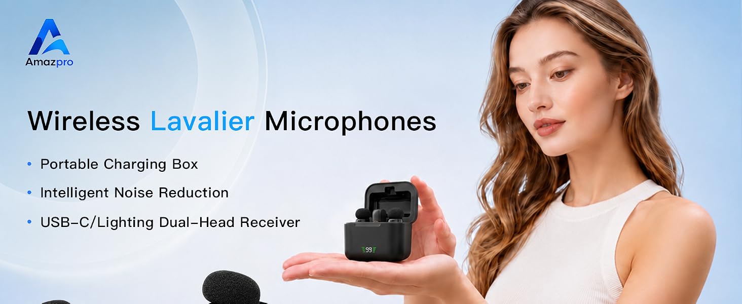 Amazpro dual wireless microphones with charging case for iphone android vlogging kit essentials