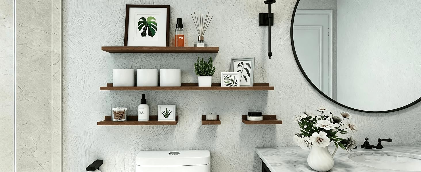 brown shelves in bathroom