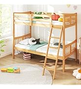 DUMOS Loft Bunk Bed Twin Over Twin, Solid Wood Frame with Slats, Bunk Beds with Ladder and Guardr...