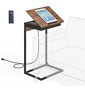 sthmec C Shaped End Table with Charging Station, 45° Tiltable Adjustable Flip Top Table with Stor...