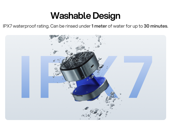 Text reads 'Washable Design'. Product demonstration showing water-resistant properties with water droplets on surface and cleaning sequence.