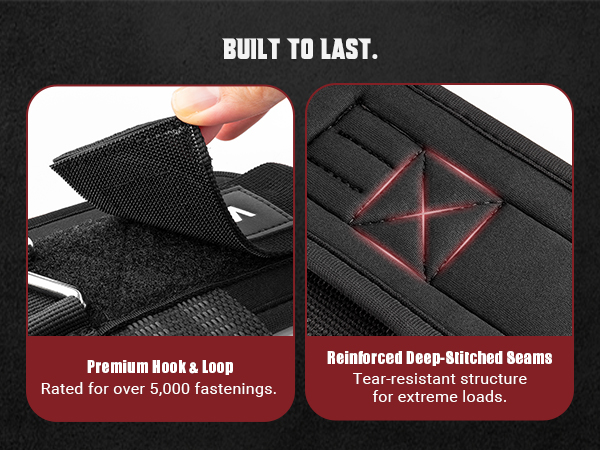 Durability features of the lifting straps, showing the hook and loop fastener and stitching.
