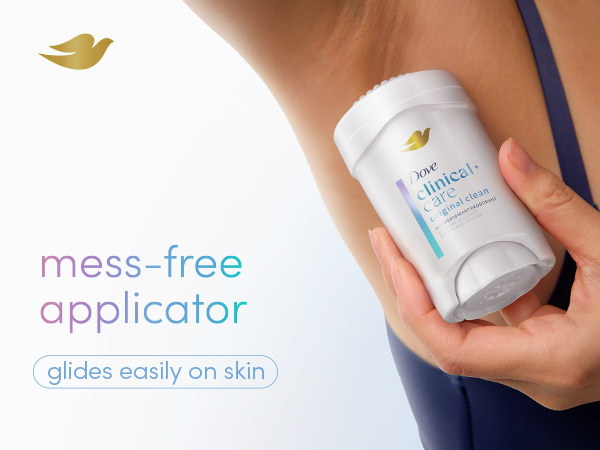 A hand applies the clinical-strength antiperspirant stick (brand with gold leaf logo) to an underarm