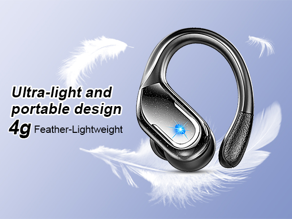 Black wireless earbud hook with sleek ergonomic design, featuring ultra-light 4g weight and blue LED indicator light against feather background.