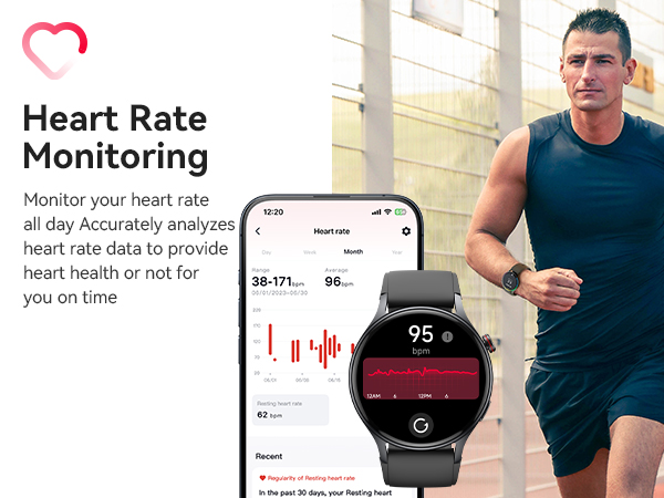 Smartwatch with heart rate monitoring display showing health metrics, alongside mobile app interface demonstrating fitness tracking capabilities.