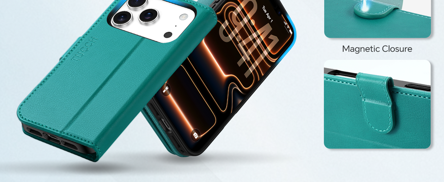 Text reads "Magnetic Closure". Turquoise-green mobile device case shown open displaying interior compartments and gold patterned design, with magnetic closure feature highlighted.