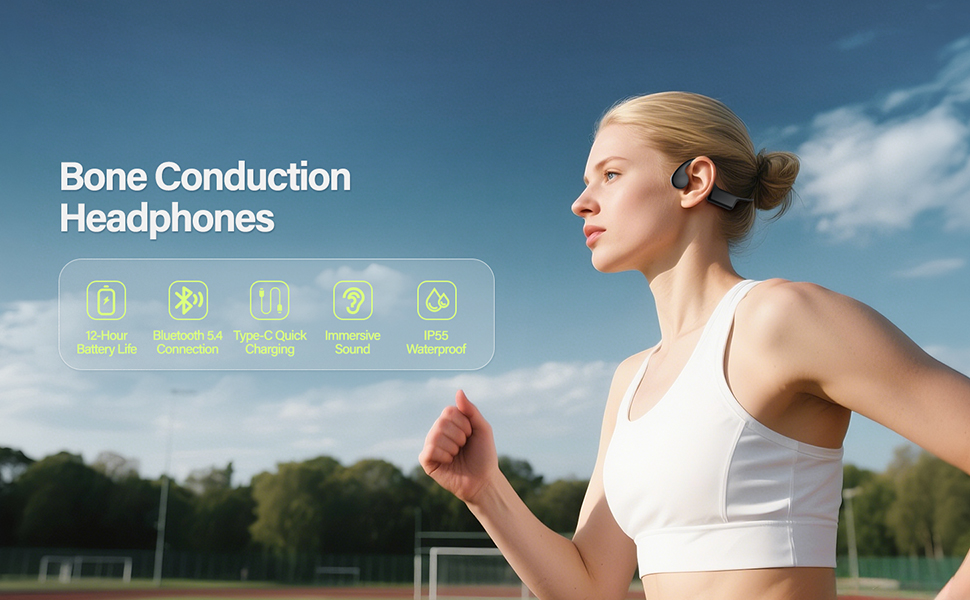 Bone conduction headphones for running with open ear design, Bluetooth 5.4, 12 hour battery life