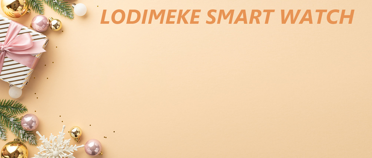 Text reads 'LUDIMERE SMART WATCH'. Product showcase against peach/orange background with decorative holiday elements visible in corners.