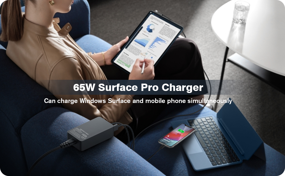 Text reads '65W Surface Pro Charger' and 'Can charge Windows laptops and mobile phone simultaneously'. Shows device charging setup in car setting.