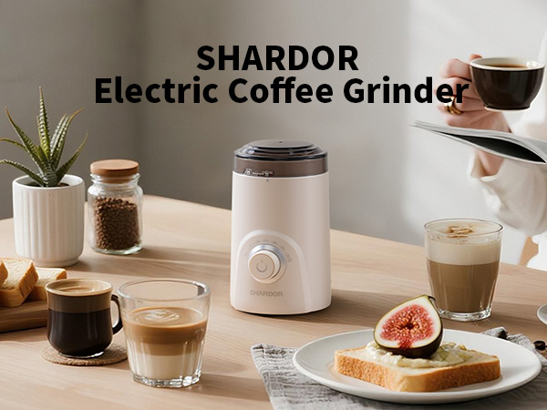 SHARDOR Electric Coffee Grinder on a breakfast table with fresh coffee and toast.