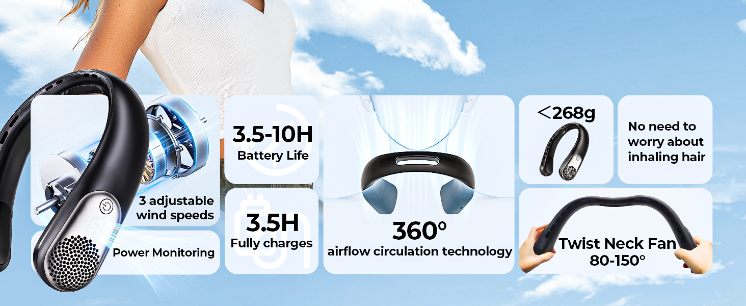 No Hair Twisting - 4000mAh USB Rechargeable Wearable Fan for Travel
